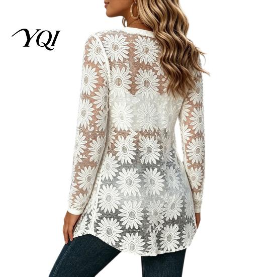 Floral Jacquard Cover-up Women Lace Cardigan, Open Front Long Sleeve Beach Cover-Up, Sheer Summer Kimono Shrug Shrug, Lightweight Casual Top Cardigan