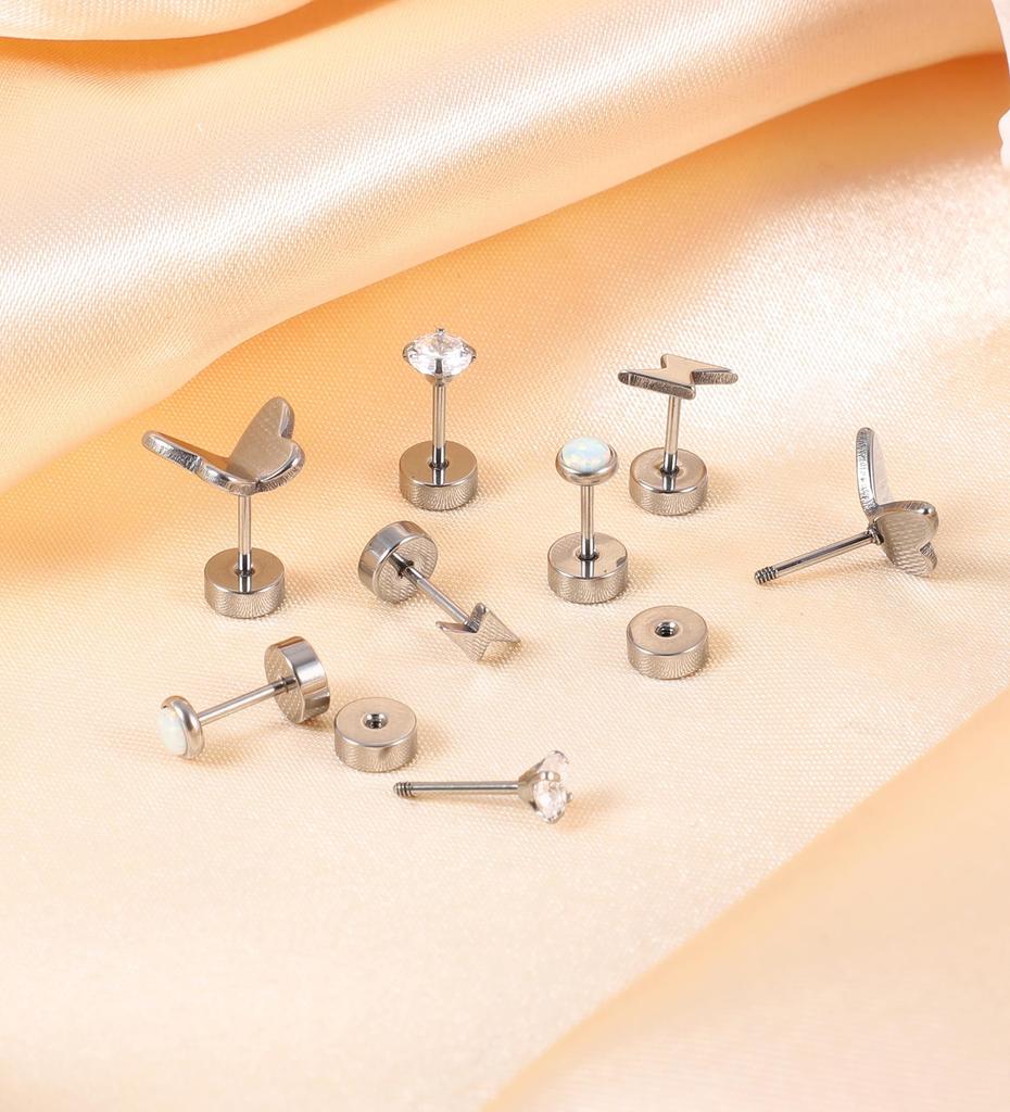 4 Pairs CZ & Opal Flat Back Earrings for Women & Men, Hypoallergenic Earrings for Sensitive Ears, Screw Back Cartilage Earrings