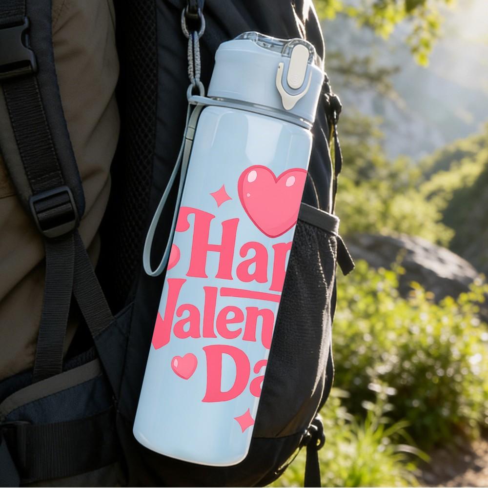 1PC Happy Valentines Day Text Print 750ml Color Plastic Sports Water Bottle Leakproof Flip Straw Lid Suitable for Sports Office Home Use
