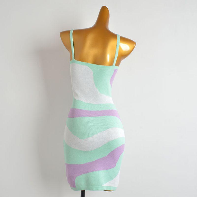 Fashion Style Contrast Color Sexy Low Collar Chest-Flattering Camisole Knitting Dress Women's Waist-Tight Slim Looking Bodycon Dress