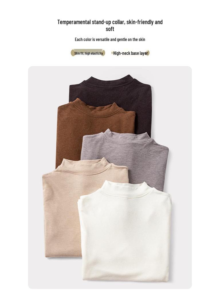 Women's Tencel Wool Acetate High Elastic Stand Collar Slim Fit Long Sleeve Base Layer Top for Autumn/Winter Warmth.