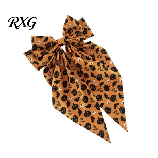 Halloween Bow Hairpin Spring Hair Clips for Women, Pumpkin Skeleton Ghost Hand Printed Clip Fabric Barrettes, Cute Horror Accessories Holiday