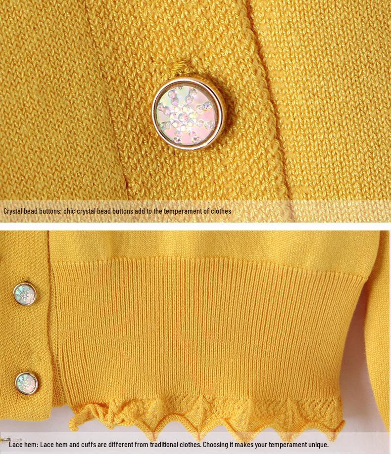 Женский трикотажный кардиган в корейском стиле с завышенной талией — длинный рукав, кружевная отделка, короткая длина.