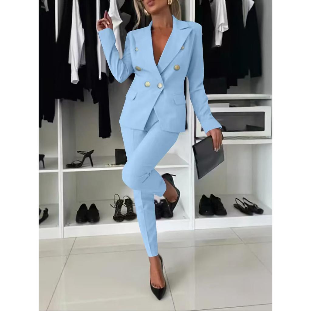 Women Office Smart Clothes Set 2pcs Blazer Double Breasted Button Solid Color Jacket & High Waist Slim Pencil Pants