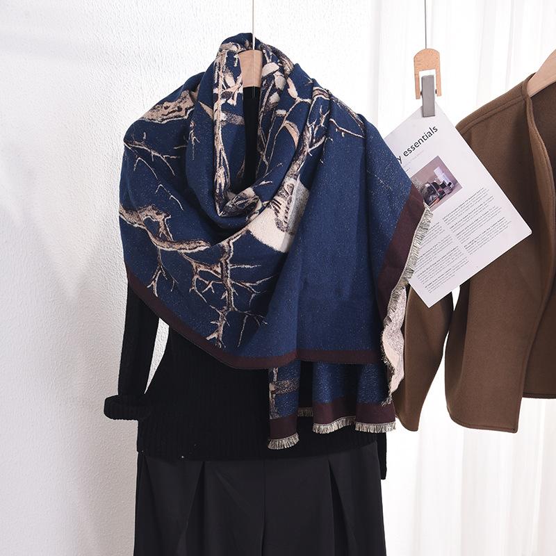 Осень и зима литературный стиль ретро элегантный шарф с принтом ветвей женский модный темперамент с высоким чувством теплая шаль
