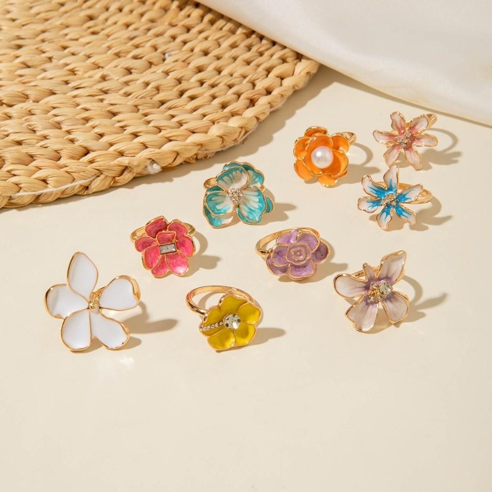 Dripping Oil Flower Ring Camellia Flower French Irregular Ring Retro Enamel Finger Ring Wedding