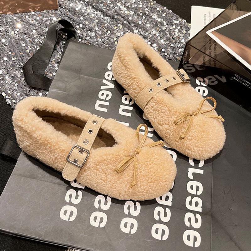 Женские туфли-лоферы с бантом из меха на плоской подошве, дизайнерская повседневная обувь из плюша, зимняя мода, новая обувь 2024 года, трендовое уютное платье с пряжкой для леди Zapatos