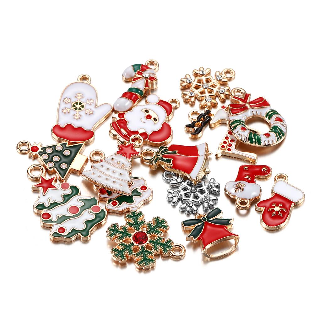 10Pcs Christmas Charms Pendants Enamel Bracelet Party Home Metal Craft Decoration Tree Hanging DIY Jewelry Making Accessories