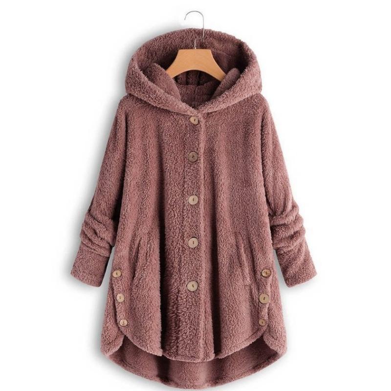 Women's Coat Button Plush Solid Color Hooded Jacket