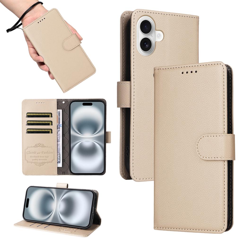 For iPhone 16 Case RFID Blocking 3 Card Slots PU Leather Phone Cover with Wrist Strap