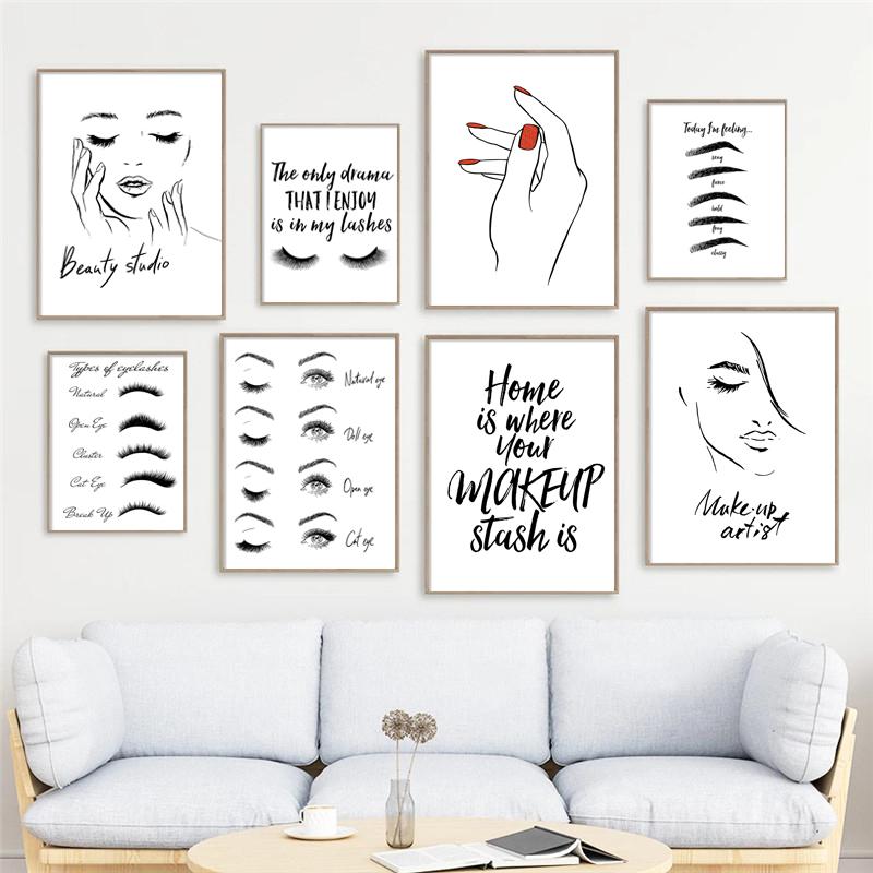 Модный макияж, холст, картина, брови, ресницы, губы, лак для ногтей, настенный художественный постер, салон красоты, декор для спальни для девочек, изображение