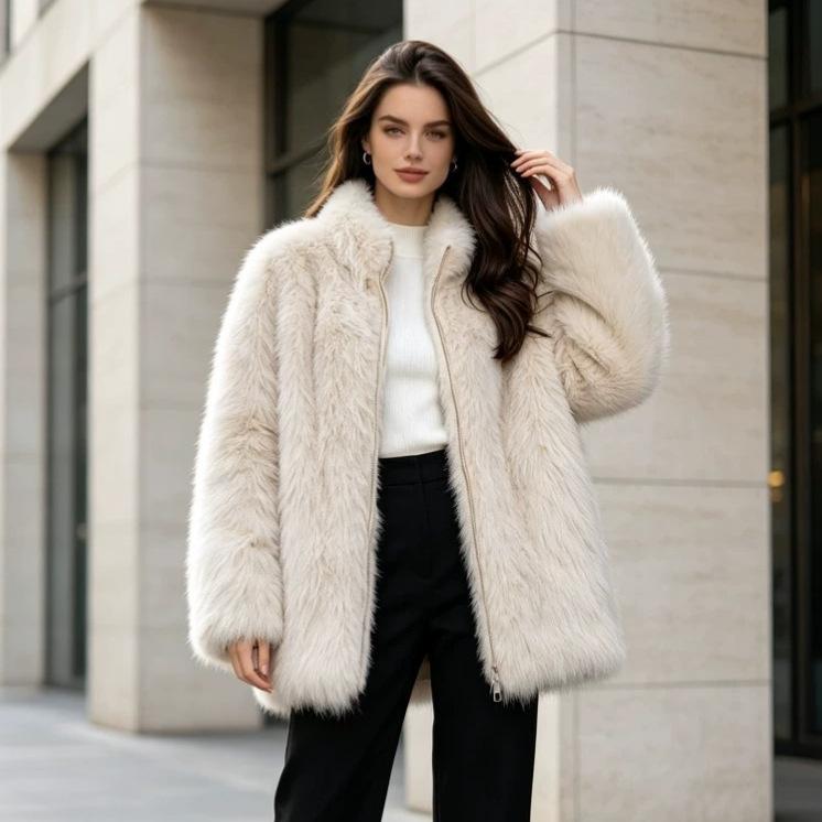 Women'S Autumn And Winter Women'S Imitation Fur Turtleneck Zipper Casual Top Jacket