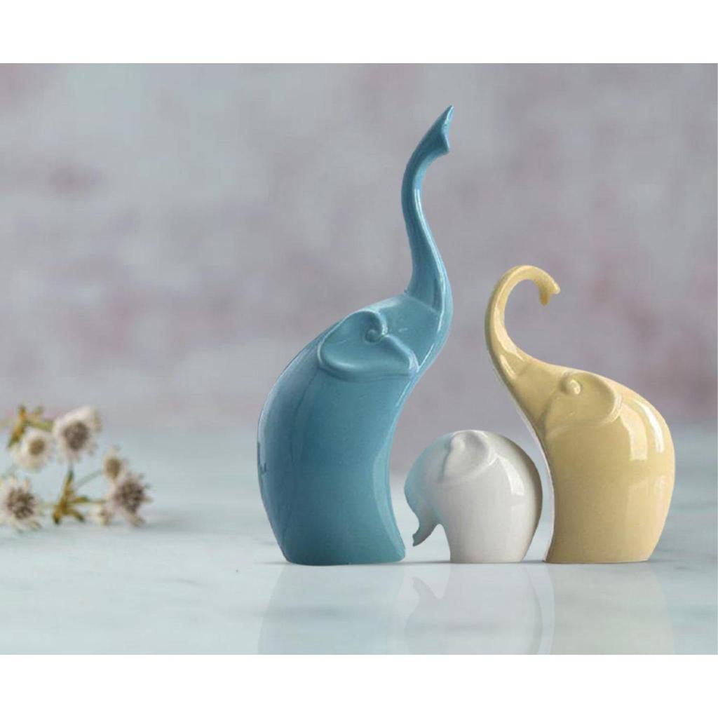 Beautiful Ceramic Multicolour 3 Pcs Elephant Family for Home Decor (Pack of 1, Multicolor)