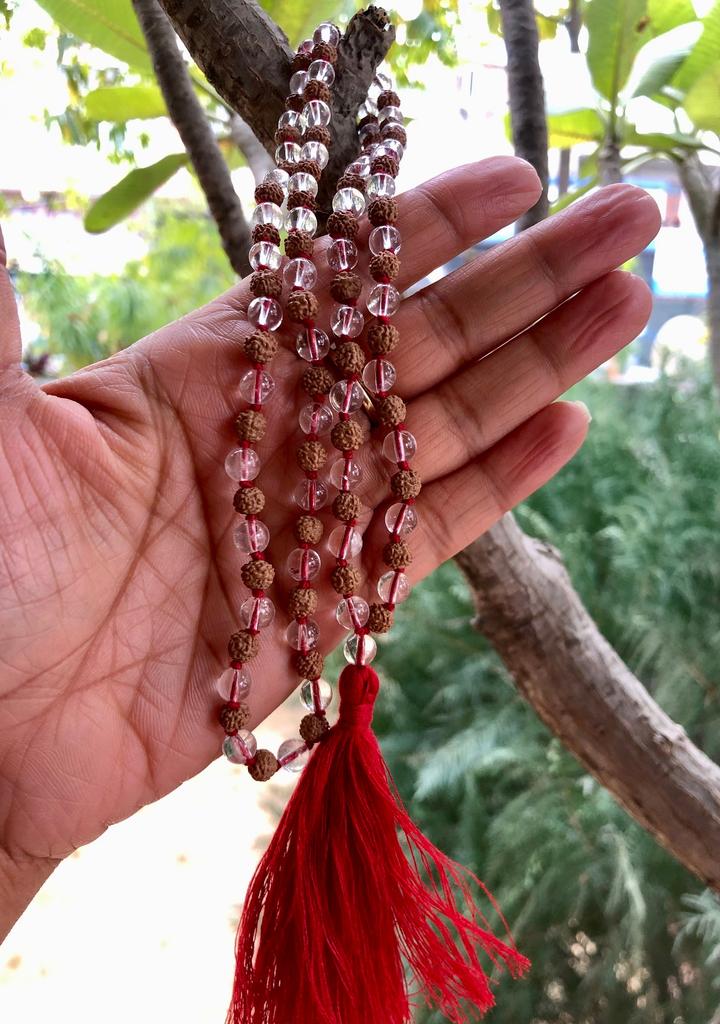 Indian Origin Rudraksha + Sfatik/ Sphatik Mala 108+1 Bead  5 mukhi 5 faces Lord Shivas Rosary Jaap Mala Yoga Prayer Healing Meditation 6 mm