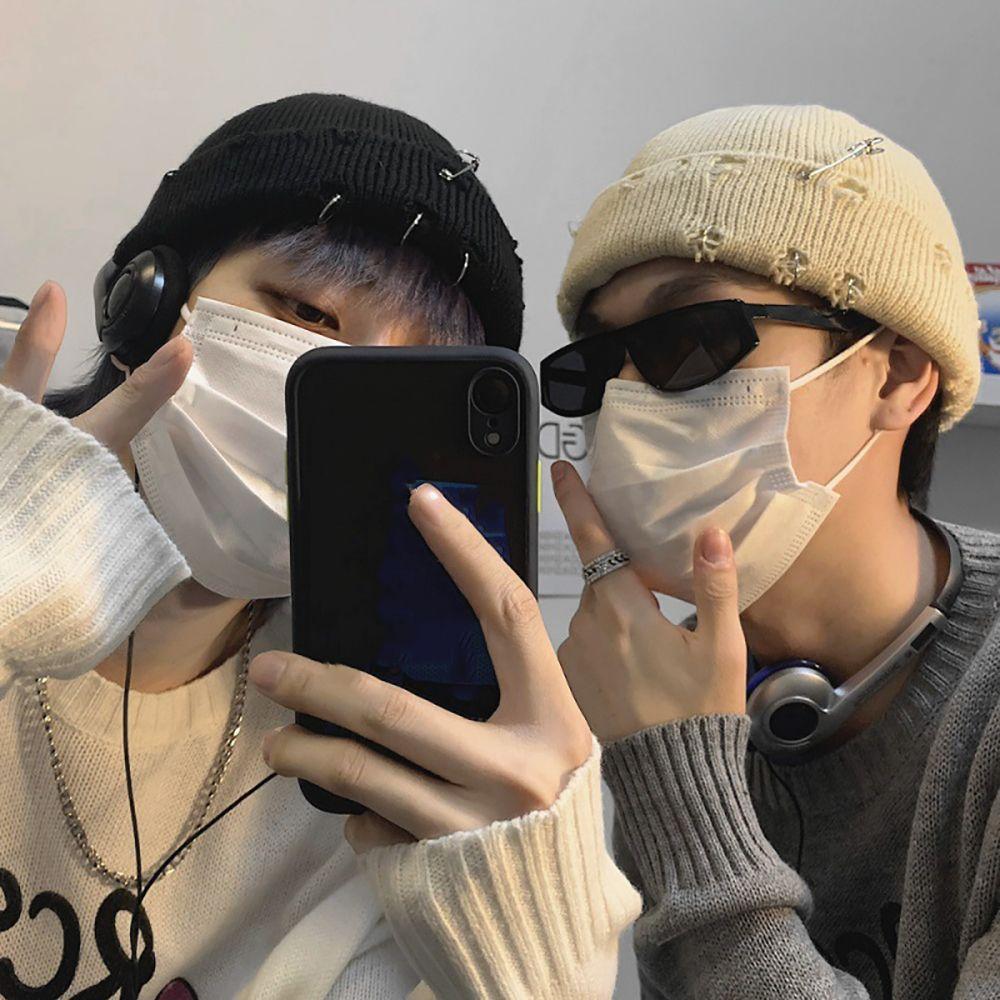 Casual Distressed Hole Female O-Ring Winter With Pins Knitted Hat Beanie Hat Warm Cap Solid Color