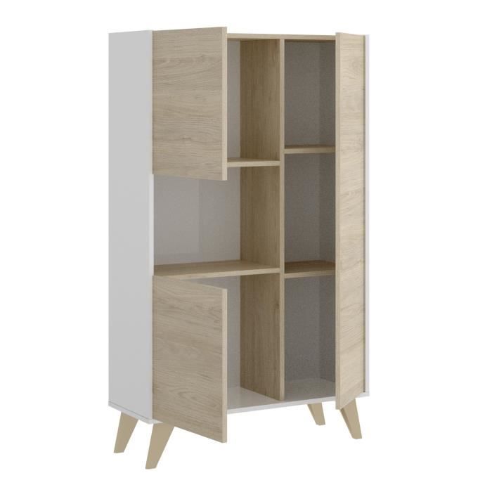 Buffet haut 3 portes - Décor Chêne et blanc - NESS - L 81 x P 43 x H 135 cm