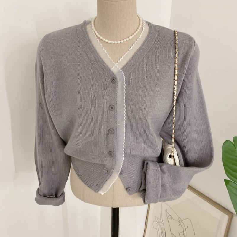 Honey J V Neck Chiffon Frill Contrast Knit Cardigan  2color 
