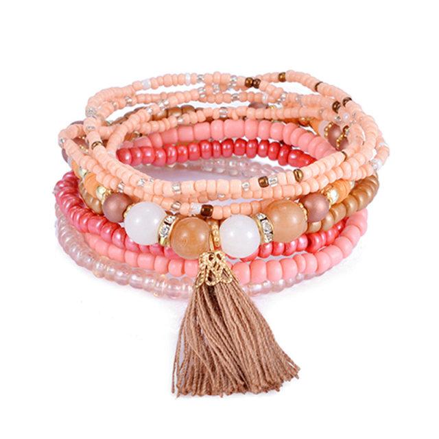 Bohemia Tassel Charm Бусины Браслеты Для Женщин Boho Карамельный Цвет Многослойный Браслет Набор Браслет Ювелирные Изделия Pulseira Feminina