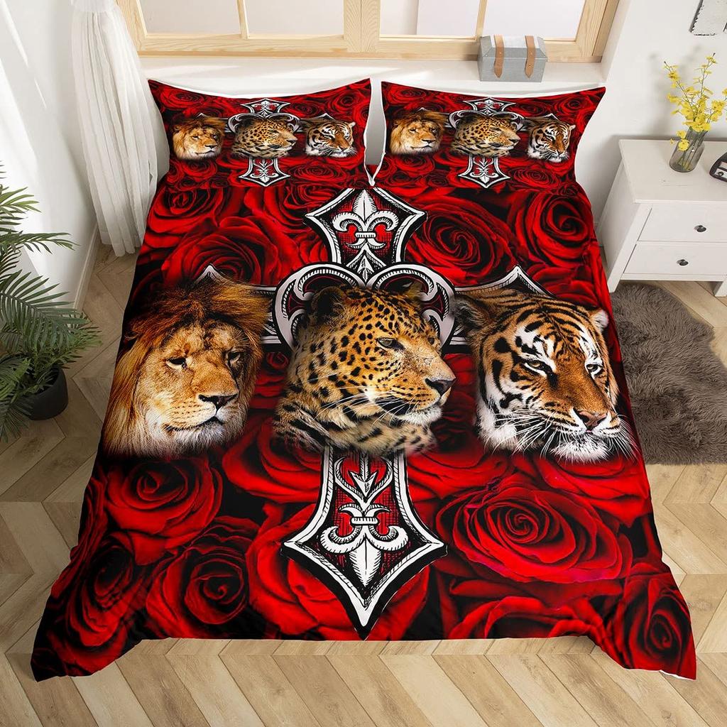 Lion Rose Duvet Cover Sets King Size Animal Floral Print Polyester Comforter Cover Nature Theme Bedding Set for Kids Adult Teens