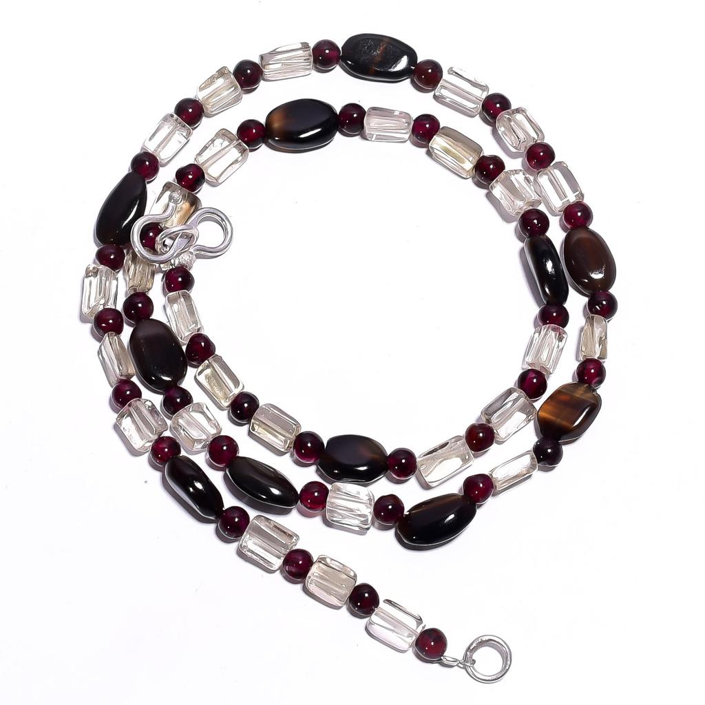 Natural Smoky Quartz Crystal Garnet Gemstone Smooth Beads Necklace 17" UB-4441 UB-4441