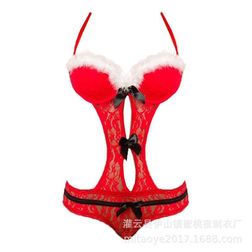 Европейское и американское кружевное рождественское нижнее белье боди с плюшевым бантом