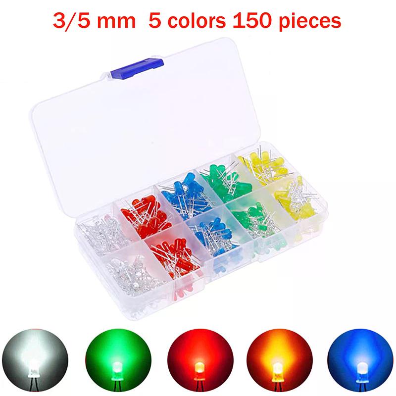 150pcs/box 3mm 5mm LED Light Emitting Diode Electronic Kit White Yellow Red Green Blue Assorted Kit DIY LEDs Photodiode