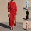 Women Crinkle 2 Piece Outfit Mock Neck Long Puff Sleeve Top High Waist Side Metal Buttons Slit Midi Skirt Elegant Matching Set