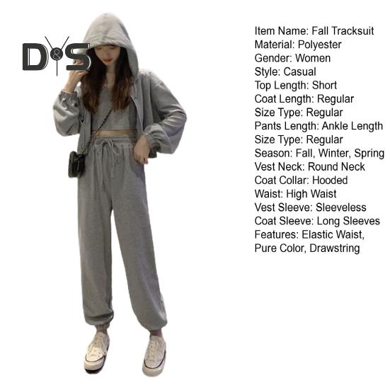 3 Pcs/Set Women Fall Tracksuit Sleeveless Vest Hooded Long Sleeve Zip-up Coat Elastic Waist Ankle-banded Trousers Daily Wear Sport Outfit