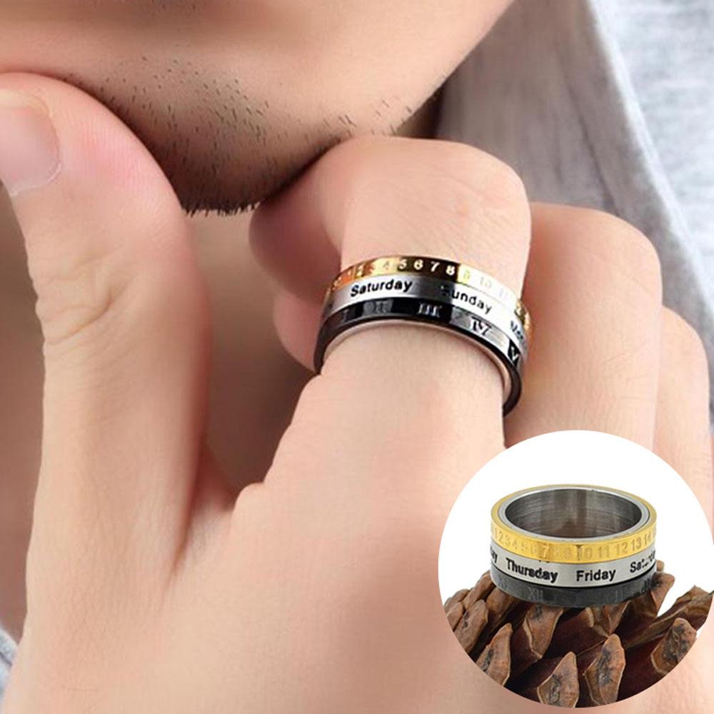 Rotatable Date Time Calendar Titanium Steel Fashion Jewelry Men Ring Joint Ring Finger Ring