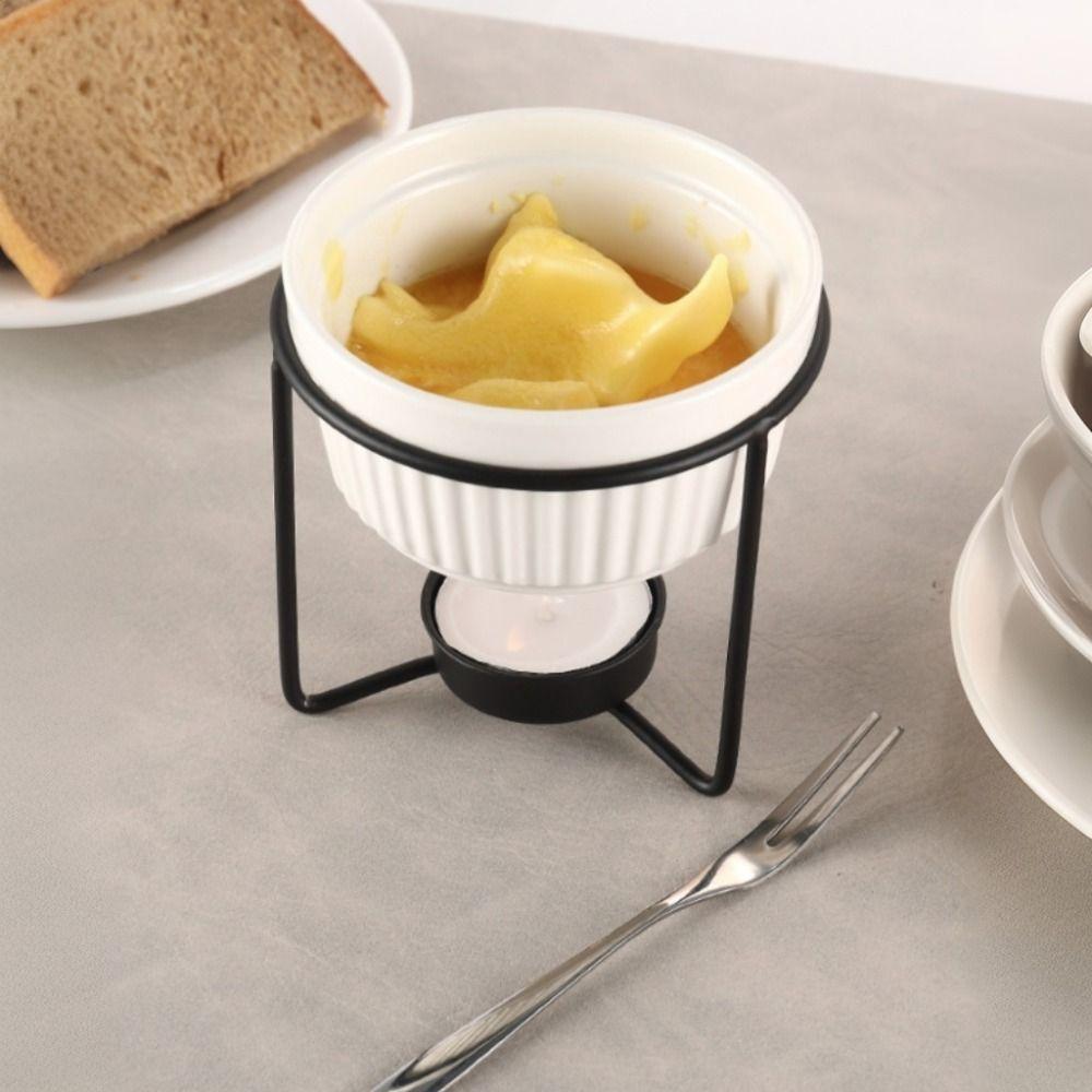 Stable Metal Rack Butter Warmer Fondue Pot Ceramic Chocolate Heater Pot Cheese Melting Pot Dessert