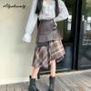Корейский стиль осень-зима женская стильная юбка черная коричневая шерстяная клетчатая юбка в стиле пэчворк из искусственной кожи элегантная женственная юбка из 2 предметов