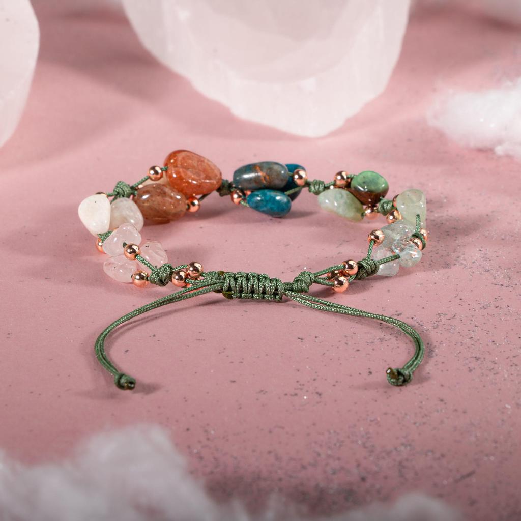 Браслет Весы Аквамарин, лунный камень, солнечный камень, хризопраз, голубой апатит, розовый кварц, зеленый авантюрин