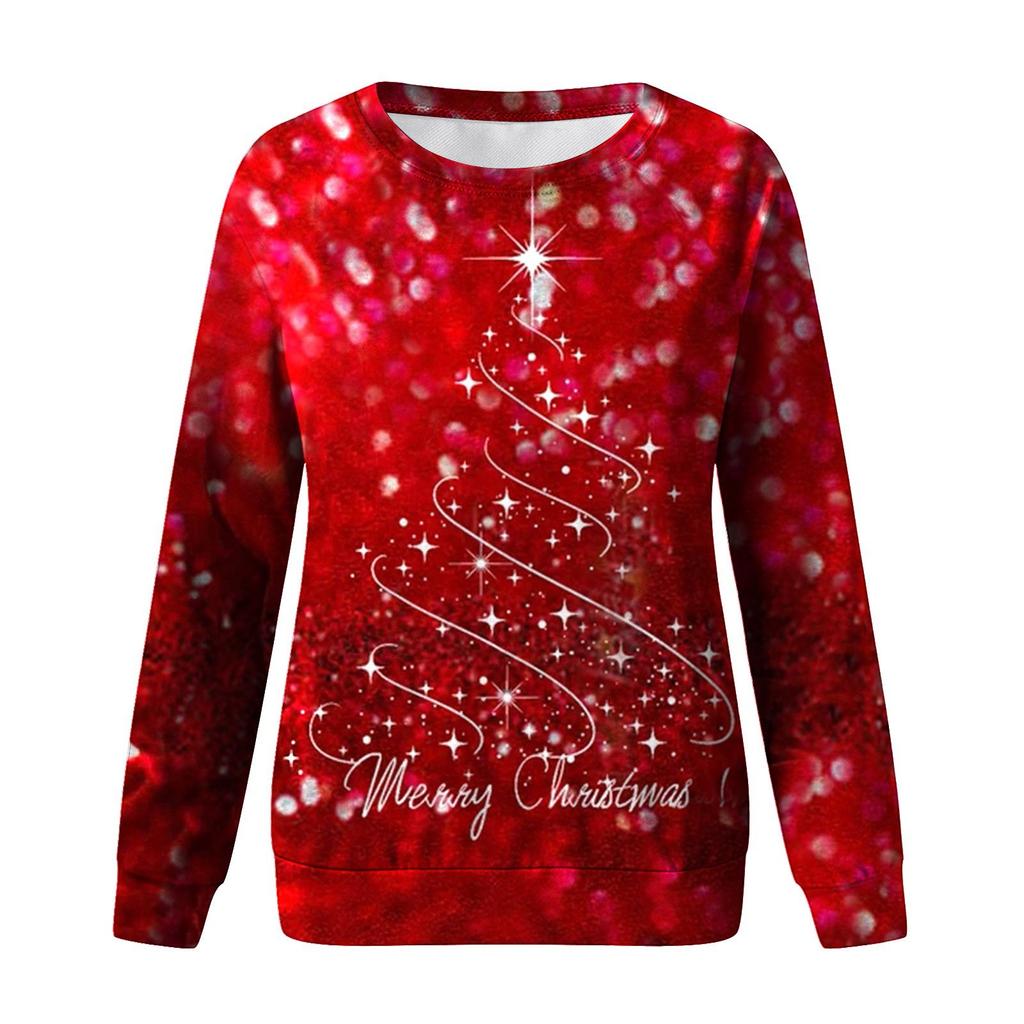 Женский повседневный модный рождественский принт с длинным рукавом и круглым вырезом, пуловер, топ