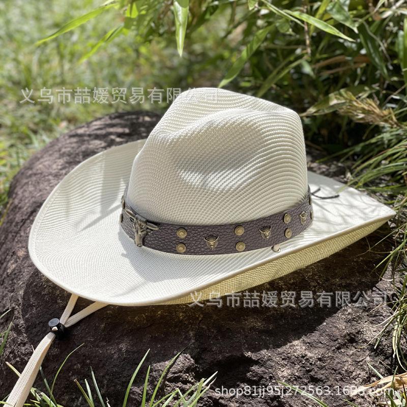European and American bull head hemming big edge cowboy hat new with windbreak rope big brim sunshade hat