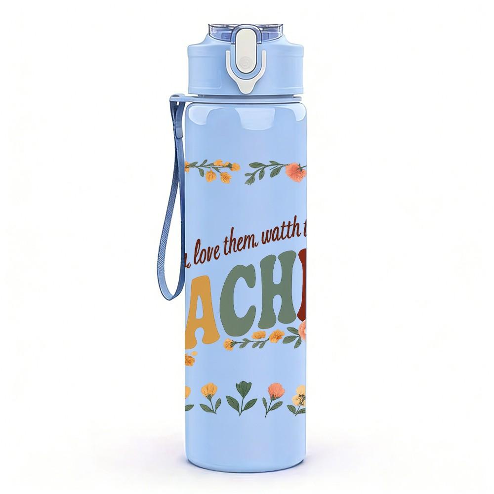 1PC Wildflower Teacher Letter Print 750ml Color Plastic Sports Water Bottle Leakproof Flip Straw Lid Suitable for Sports Office Home Use