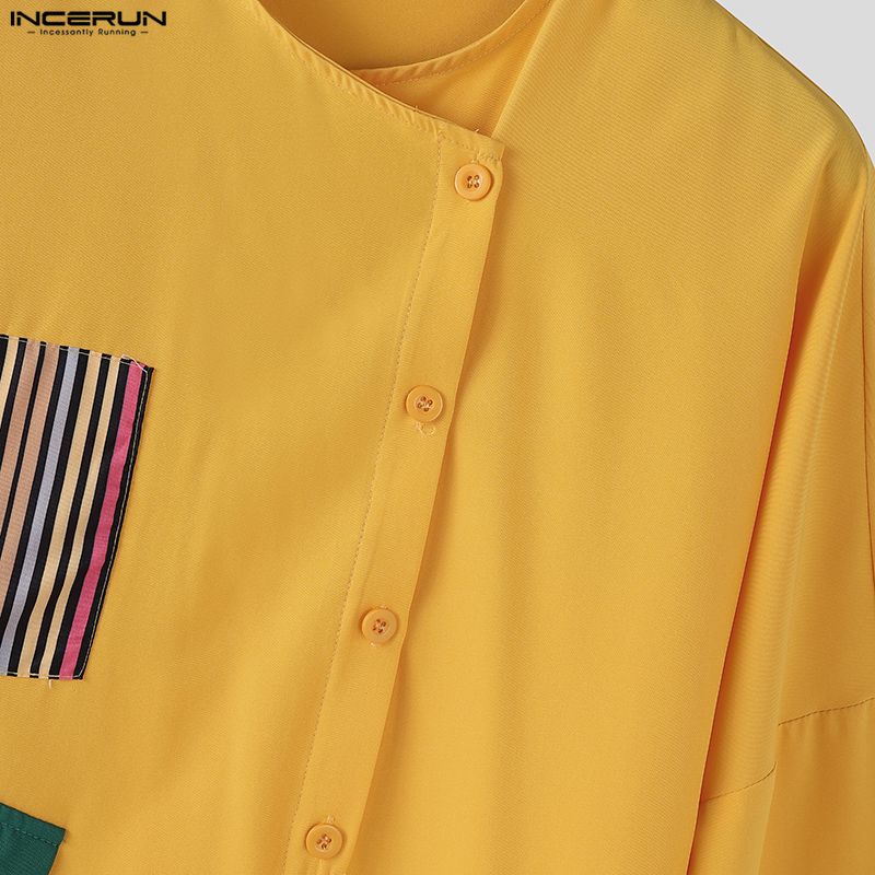 INCERUN Men 3/4 Sleeve Stitching Print Front Cross Splits Casual T-Shirts Tops