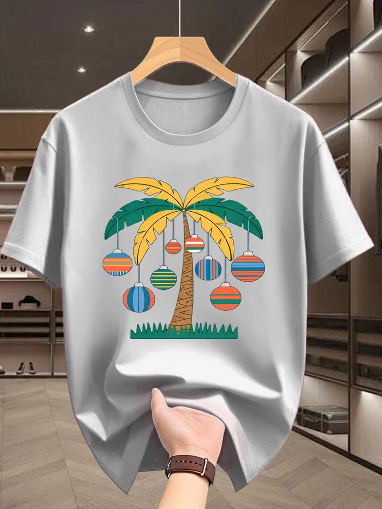 Tropical Palm Tree Christmas Ball Graphic Unisexs Cotton Crew Neck Tee Short Sleeve Loose Beach Casual Daily Street Male Wear Top