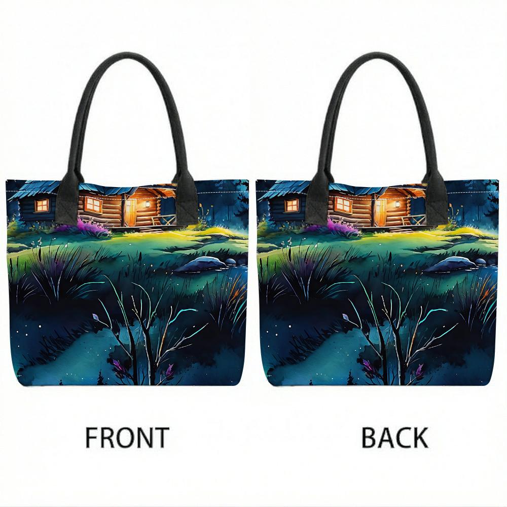 Watercolor Forest Cabin Printed Canvas Tote Bag Casual Large Capacity Shoulder Handbag for Daily Use
