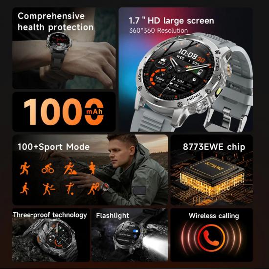2025 Новый T-Rex 3 Ultra 1000 мАч Аккумулятор Умные часы 1,7-дюймовый AMOLED-дисплей Водонепроницаемый Фонарик Часы Телефонные звонки Спорт Умные часы