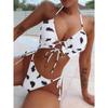 Swimsuit Women's Halter Neck Triangle Lace Up Cow Print Sexy Hollow Out Bikini Sets