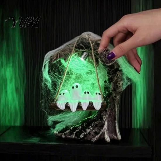 Halloween Mystery Theme Ornament Ghosts on A Tree Swing Statue, Spooky Light Up Swinging Ghost Cute Figurine for Party with Spider Web Desktop