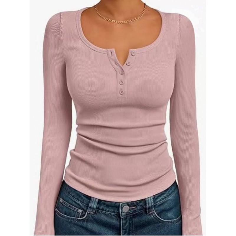 Womens Slim Fit Long Sleeve Henley Top 2026 Fall Basic Knit T-Shirt Casual Daily Wear