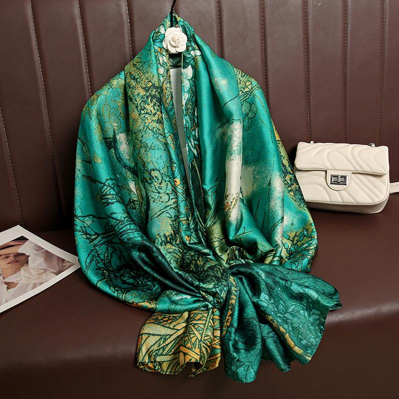 Spring and Summer Korean Version of the Fashion Wild Plant Simulation Silk Long Section Silk Scarf Elegant Temperament Ladies Take Sun Shawl