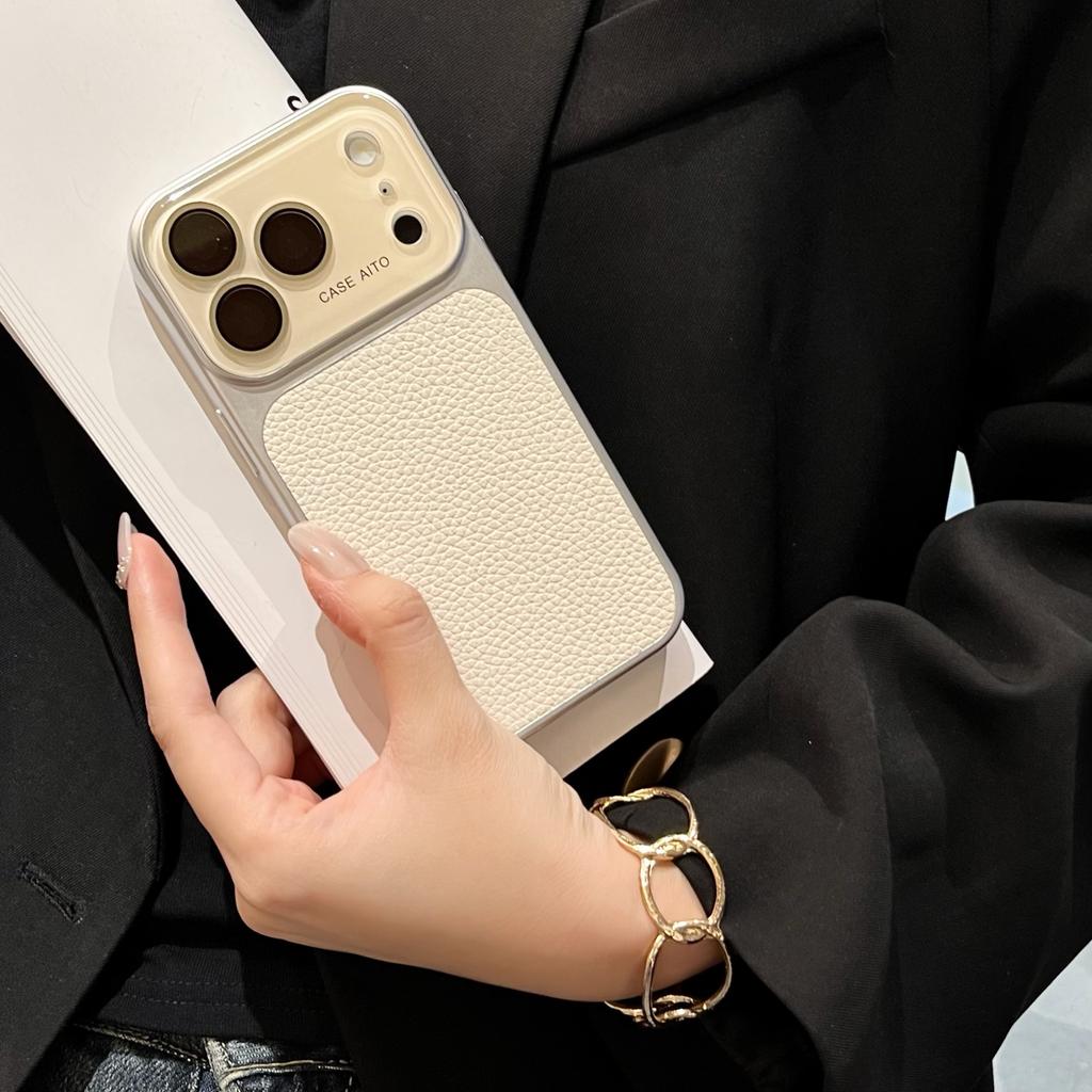 Роскошный чехол из однотонной кожи личи для iPhone 17 16 15 14 13 Pro Max Матовый противоударный гибридный чехол из стекла с защитой камеры
