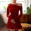 Women Spring Long Sleeve Solid Color High Waist Dress Summer Slanted Collar Strapless Dress S-XL