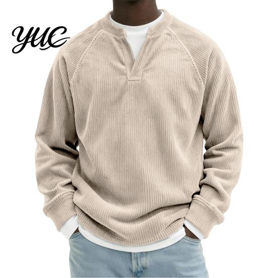 Relaxed Fit Business Casual Shirt Men Corduroy Textured Layered Tops, V Neck Raglan Long Sleeve Pullover Warm Texture Comfortable Daily Outfit