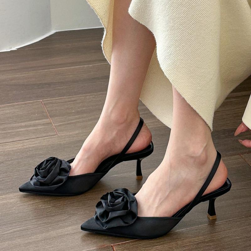 Women's Sandals 2024 Summer Elegant Solid Color Flower Design Slingback High Heels Casual Fashion Pointed Toe Dress Party Shoes