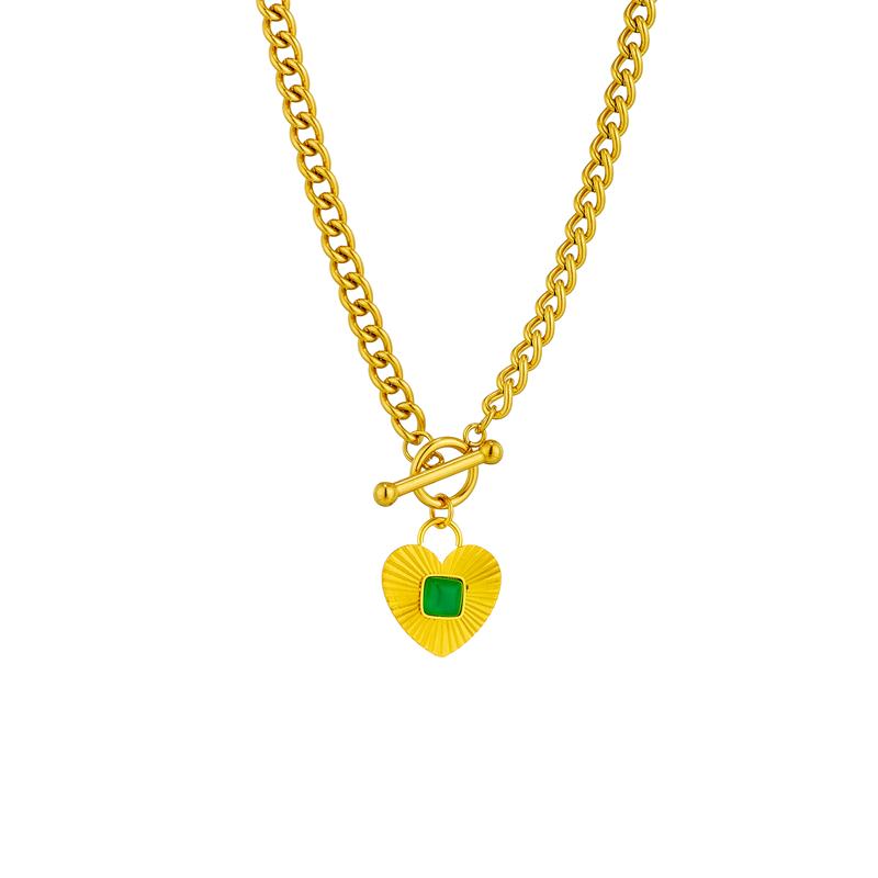 DIEYURO 316L Stainless Steel Heart-Shaped Green Stone Charm Necklace Earrings For Women Girl Fashion Waterproof Jewelry Set Gift