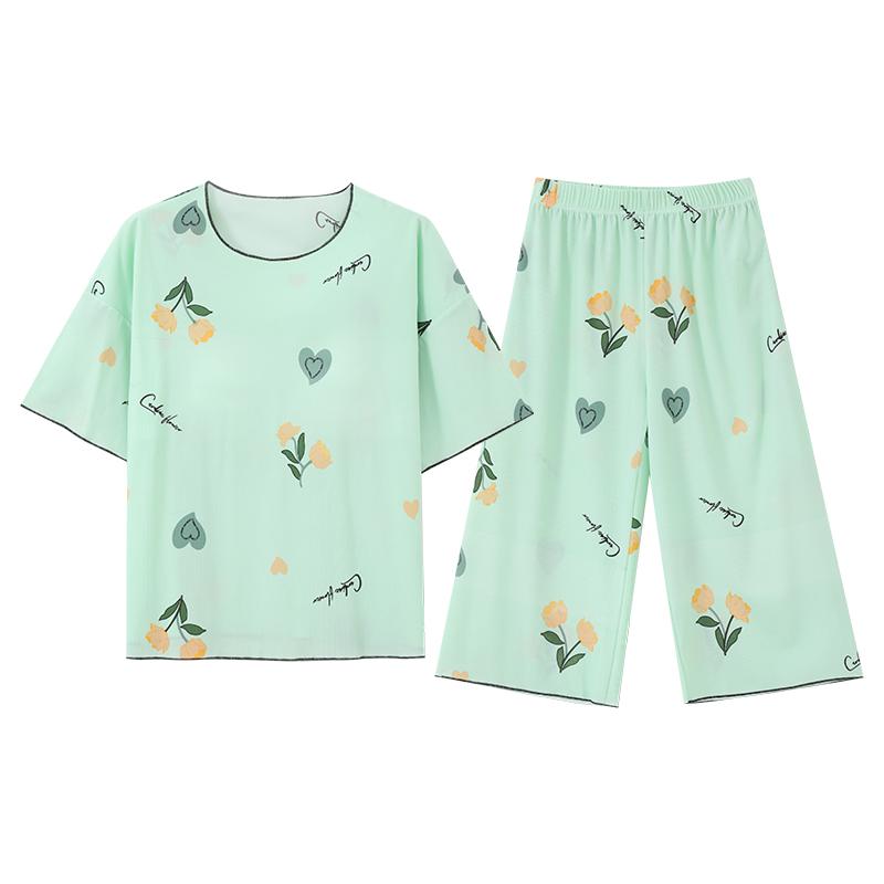 Летний пижамный комплект с нагрудником для женщин больших размеров 4XL 5XL с цветочным принтом, топы с короткими рукавами и брюки-капри, женская повседневная пижама, домашняя одежда