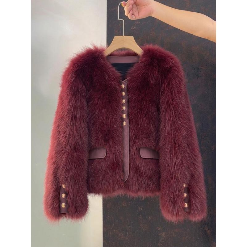 Женская короткая шуба из искусственного меха лисы с кожаной отделкой, на пуговицах, теплая зимняя куртка